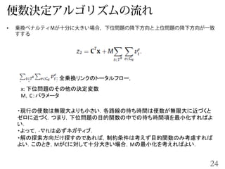 •
24
x: 下位問題のその他の決定変数
M，C：パラメータ
: 全乗換リンクのトータルフロー，
・現行の便数は無限大よりも小さい．各路線の待ち時間は便数が無限大に近づくと
ゼロに近づく．つまり，下位問題の目的関数の中での待ち時間項を最小化すればよ
い．
・よって，-∇fLは必ずネガティブ．
・解の探索方向だけ探すのであれば，制約条件は考えず目的関数のみ考慮すれば
よい．このとき，MがCに対して十分大きい場合，Mの最小化を考えればよい．
 
