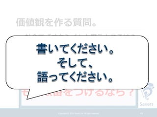 価値観を作る質問。
49Copyright @ 2014 Savers.Inc All right reserved
 社会で「オカシイ」と思うところは？
 仕事で「変えたい」出来事は？
 家族や、仲間とどうありたい？
 自分自身は、何をしていきたい？
もし順番をつけるなら？
 