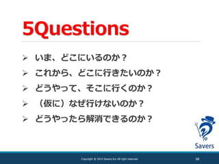 5Questions
68Copyright @ 2014 Savers.Inc All right reserved
 いま、どこにいるのか？
 これから、どこに行きたいのか？
 どうやって、そこに行くのか？
 （仮に）なぜ行けないのか？
 どうやったら解消できるのか？
 