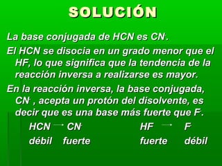 SSOOLLUUCCIIÓÓNN 
LLaa bbaassee ccoonnjjuuggaaddaa ddee HHCCNN eess CCNN--.. 
EEll HHCCNN ssee ddiissoocciiaa eenn uunn ggrraaddoo mmeennoorr qquuee eell 
HHFF,, lloo qquuee ssiiggnniiffiiccaa qquuee llaa tteennddeenncciiaa ddee llaa 
rreeaacccciióónn iinnvveerrssaa aa rreeaalliizzaarrssee eess mmaayyoorr.. 
EEnn llaa rreeaacccciióónn iinnvveerrssaa,, llaa bbaassee ccoonnjjuuggaaddaa,, 
CCNN-- ,, aacceeppttaa uunn pprroottóónn ddeell ddiissoollvveennttee,, eess 
ddeecciirr qquuee eess uunnaa bbaassee mmááss ffuueerrttee qquuee FF--.. 
HHCCNN CCNN-- HHFF FF-- 
ddéébbiill ffuueerrttee ffuueerrttee ddéébbiill 
 