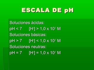EESSCCAALLAA DDEE ppHH 
SSoolluucciioonneess áácciiddaass:: 
ppHH << 77 [[HH++]] >> 11,,00 xx 1100--77 MM 
SSoolluucciioonneess bbáássiiccaass:: 
ppHH >> 77 [[HH++]] << 11,,00 xx 1100--77 MM 
SSoolluucciioonneess nneeuuttrraass:: 
ppHH == 77 [[HH++]] == 11,,00 xx 1100--77 MM 
 