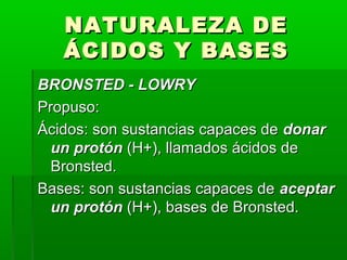 NNAATTUURRAALLEEZZAA DDEE 
ÁÁCCIIDDOOSS YY BBAASSEESS 
BBRROONNSSTTEEDD -- LLOOWWRRYY 
PPrrooppuussoo:: 
ÁÁcciiddooss:: ssoonn ssuussttaanncciiaass ccaappaacceess ddee ddoonnaarr 
uunn pprroottóónn ((HH++)),, llllaammaaddooss áácciiddooss ddee 
BBrroonnsstteedd.. 
BBaasseess:: ssoonn ssuussttaanncciiaass ccaappaacceess ddee aacceeppttaarr 
uunn pprroottóónn ((HH++)),, bbaasseess ddee BBrroonnsstteedd.. 
 