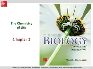 ‹#›
The Chemistry
of Life
Chapter 2
Copyright © 2013 McGraw-Hill Education. All rights reserved. No reproduction or distribution without the prior written consent of McGraw-Hill Education.
 