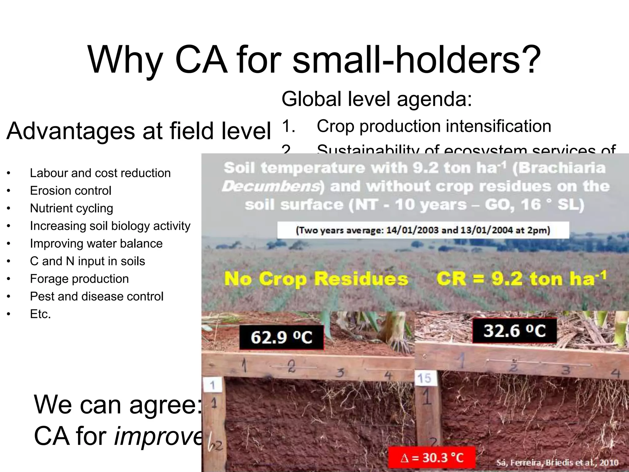 Why CA for small-holders?
Advantages at field level
• Labour and cost reduction
• Erosion control
• Nutrient cycling
• Increasing soil biology activity
• Improving water balance
• C and N input in soils
• Forage production
• Pest and disease control
• Etc.
Global level agenda:
1. Crop production intensification
2. Sustainability of ecosystem services of
agriculture
ABACO:
“to combat soil degradation
and food insecurity”
CA4CC:
For Climate Change adaptation
and CC resilient agriculture
We can agree:
CA for improved, sustainable livelihoods
 