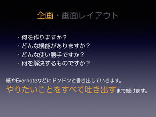 ・何を作りますか？
・どんな機能がありますか？
・どんな使い勝手ですか？
・何を解決するものですか？
紙やEvernoteなどにドンドンと書き出していきます。
やりたいことをすべて吐き出すまで続けます。
企画・画面レイアウト
 