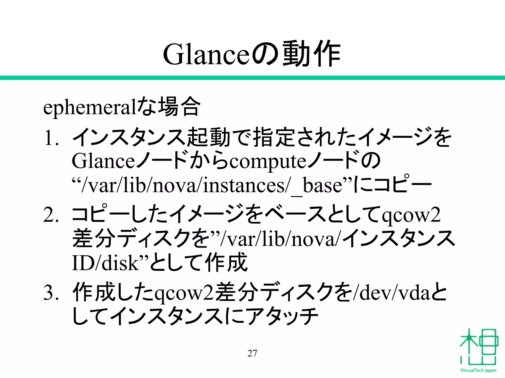 Glanceの動作
ephemeralな場合
1. インスタンス起動で指定されたイメージを
Glanceノードからcomputeノードの
“/var/lib/nova/instances/_base”にコピー
2. コピーしたイメージをベースとしてqcow2
差分ディスクを”/var/lib/nova/インスタンス
ID/disk”として作成
3. 作成したqcow2差分ディスクを/dev/vdaと
してインスタンスにアタッチ
27
 