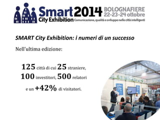 SMART City Exhibition: i numeri di un successo
Nell’ultima edizione:
125città di cui 25straniere,
100investitori, 500relatori
e un +42% di visitatori.
 