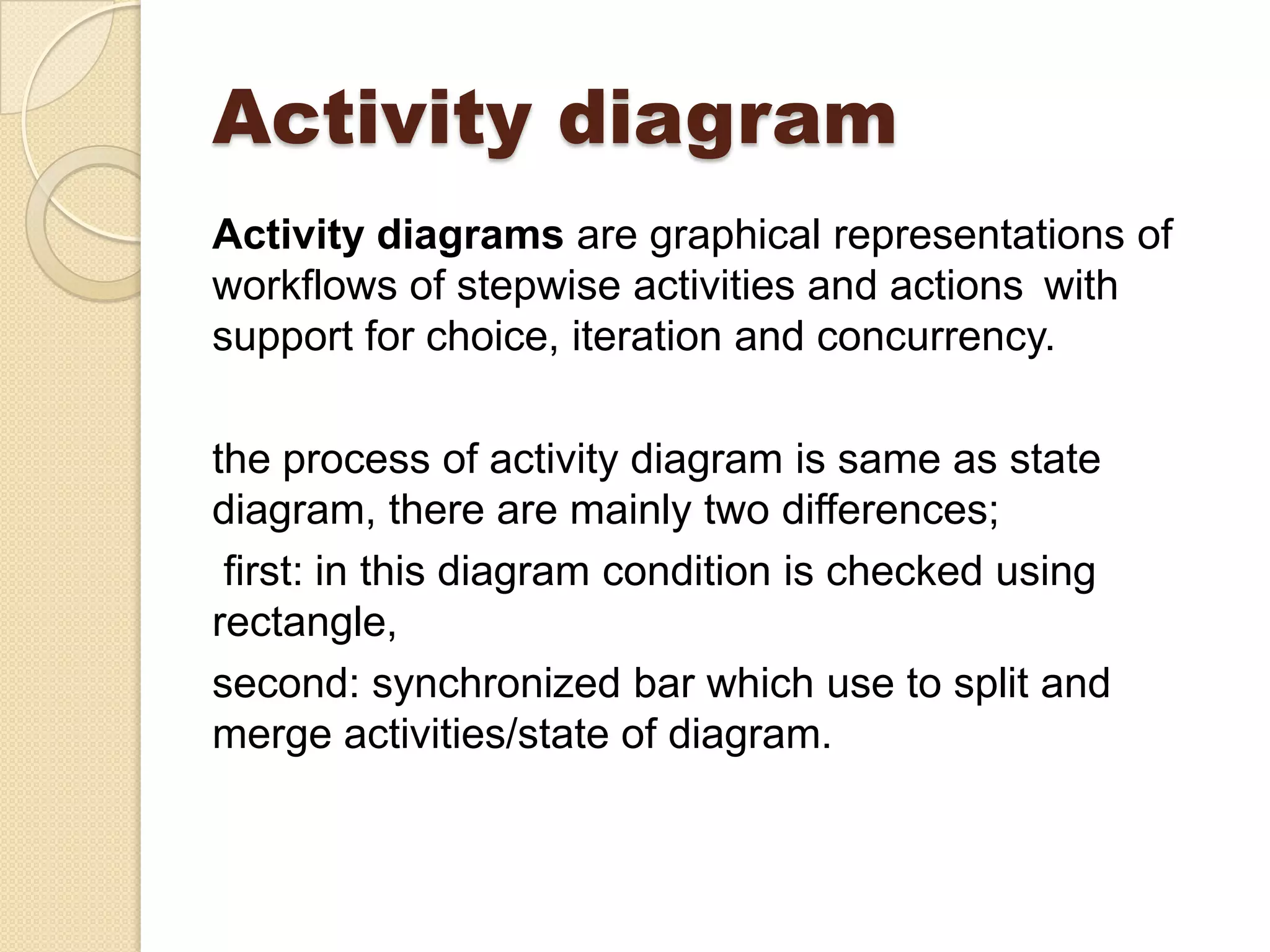 Activity diagram
Activity diagrams are graphical representations of
workflows of stepwise activities and actions with
support for choice, iteration and concurrency.
the process of activity diagram is same as state
diagram, there are mainly two differences;
first: in this diagram condition is checked using
rectangle,
second: synchronized bar which use to split and
merge activities/state of diagram.
 