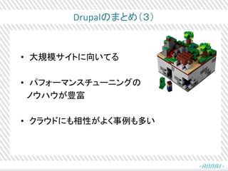 Drupalのまとめ（３）
• 大規模サイトに向いてる
• パフォーマンスチューニングの
ノウハウが豊富
• クラウドにも相性がよく事例も多い
 