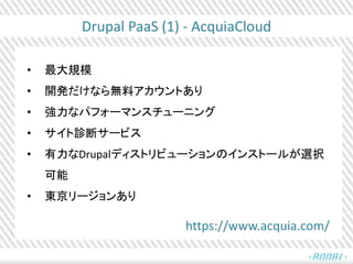 Drupal PaaS (1) - AcquiaCloud
• 最大規模
• 開発だけなら無料アカウントあり
• 強力なパフォーマンスチューニング
• サイト診断サービス
• 有力なDrupalディストリビューションのインストールが選択
可能
• 東京リージョンあり
https://www.acquia.com/
 