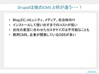 Drupalは他のCMS と何が違う・・・ ?
• Blog,EC,コミュニティ、メディア、自治体向け
• インストールして使い出すまでのコストが低い
• 自社の要望に合わせたカスタマイズは不可能なことも
• 商用CMS、企業が開発しているOSSが多い
 