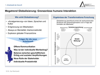 Megatrend Globalisierung: Grenzenlose humane Interaktion 
Wie wirkt Globalisierung? 
• «Amalgamierung» von Ideen, Sprachen und 
Kultur 
• Entgrenzung von Mitarbeitern 
• Always-on Mentalität, Interkonnektivität 
• Explosion globaler Finanzströme 
4 
Folgen für die neue 
Offene Kommunikation 
Was ist der individuelle Wertbeitrag? 
Balance zwischen geschäftlichem 
Erfolg und sozialen Verpflichtungen 
Neue Rolle der Stakeholder 
Individuelle Produktivität 
© Dr. Kai Reinhardt 
Arbeitswelt 
Ergebnisse der Transformations-Forschung 
Globalisierung beeinflusst primär die wertnomierenden 
Strukturen der Gesamtorganisation und in Folge das 
Verhalten der Mitarbeiter. 
1. Arbeitswelt der Zukunft 
 