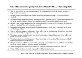 Type of Studies（RCTとDTA）
ランダム化比較試験と診断研究における研究の種類
RCTの種類
単純ランダム化
（Simple-randomized）
（層別、ブロック別etc.）
クラスターランダム化
（Cluster-randomized）
準ランダム化
（Quasi-randomized）
クロスオーバー
（Cross-over）
DTAの種類
Single-gate
いわゆるcohort type,
cross-sectional study.
Two-gate
いわゆるcase-control.
 