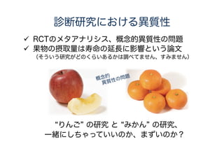 参考（DORと感度・特異度）
1.0 0.8 0.6 0.4 0.2 0.0
Specificity
0.00.20.40.60.81.0
Sensitivity
DOR = 1
DOR = 2
DOR = 5
DOR = 16
DOR = 81
DOR = 361
DOR =
DOR = ÷
陽性尤度比
陰性尤度比
感度
（1 – 特異度）
（1 − 感度）
特異度
Diagnostic odds ratio（DOR）
 