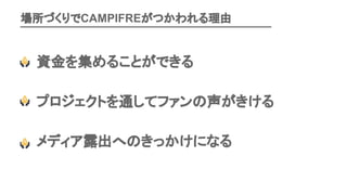 場所づくりでCAMPIFREがつかわれる理由
資金を集めることができる
プロジェクトを通してファンの声がきける
メディア露出へのきっかけになる
 