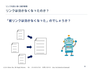 ©2014 Volare Inc. All Rights Reserved. 　 Tel ： 03-6409-6766 　お問い合わせ： http://ml.seohacks.net/semnarpdf
リンクは効かなくなったのか？
リンクを取り巻く業界事情
11
「被リンクは効かなくなった」のでしょうか？
----------
----------
----------
----------
----------
------
------
------
------
------
------
------
------
------
------
------
------
 