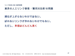 ©2014 Volare Inc. All Rights Reserved. 　 Tel ： 03-6409-6766 　お問い合わせ： http://ml.seohacks.net/semnarpdf
–” ”業界の人工リンク事情 費用対効果 の問題
リンクを取り巻く業界事情
17
順位が上がらないわけではない。
ばれないリンクが作れないわけでもない。
ただし、単価はどんどん高く
 