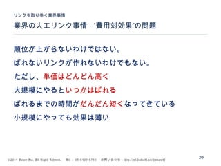 ©2014 Volare Inc. All Rights Reserved. 　 Tel ： 03-6409-6766 　お問い合わせ： http://ml.seohacks.net/semnarpdf
–” ”業界の人工リンク事情 費用対効果 の問題
リンクを取り巻く業界事情
20
順位が上がらないわけではない。
ばれないリンクが作れないわけでもない。
ただし、単価はどんどん高く
大規模にやるといつかはばれる
ばれるまでの時間がだんだん短くなってきている
小規模にやっても効果は薄い
 