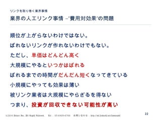 ©2014 Volare Inc. All Rights Reserved. 　 Tel ： 03-6409-6766 　お問い合わせ： http://ml.seohacks.net/semnarpdf
–” ”業界の人工リンク事情 費用対効果 の問題
リンクを取り巻く業界事情
22
順位が上がらないわけではない。
ばれないリンクが作れないわけでもない。
ただし、単価はどんどん高く
大規模にやるといつかはばれる
ばれるまでの時間がだんだん短くなってきている
小規模にやっても効果は薄い
被リンク業者は大規模にやらざるを得ない
つまり、投資が回収できない可能性が高い
 