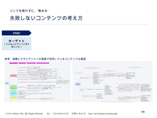 ©2014 Volare Inc. All Rights Reserved. 　 Tel ： 03-6409-6766 　お問い合わせ： http://ml.seohacks.net/semnarpdf
59
失敗しないコンテンツの考え方
”リンクを買わずに、“集める
参考：実際にクライアントへの提案で利用しているコンテンツ企画図
ターゲット
（どんな人にサイトに来て
欲しいか）
STEP1
 