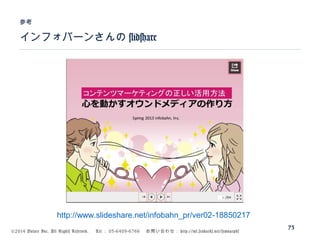 ©2014 Volare Inc. All Rights Reserved. 　 Tel ： 03-6409-6766 　お問い合わせ： http://ml.seohacks.net/semnarpdf
インフォバーンさんの slidshare
参考
73
http://www.slideshare.net/infobahn_pr/ver02-18850217
 