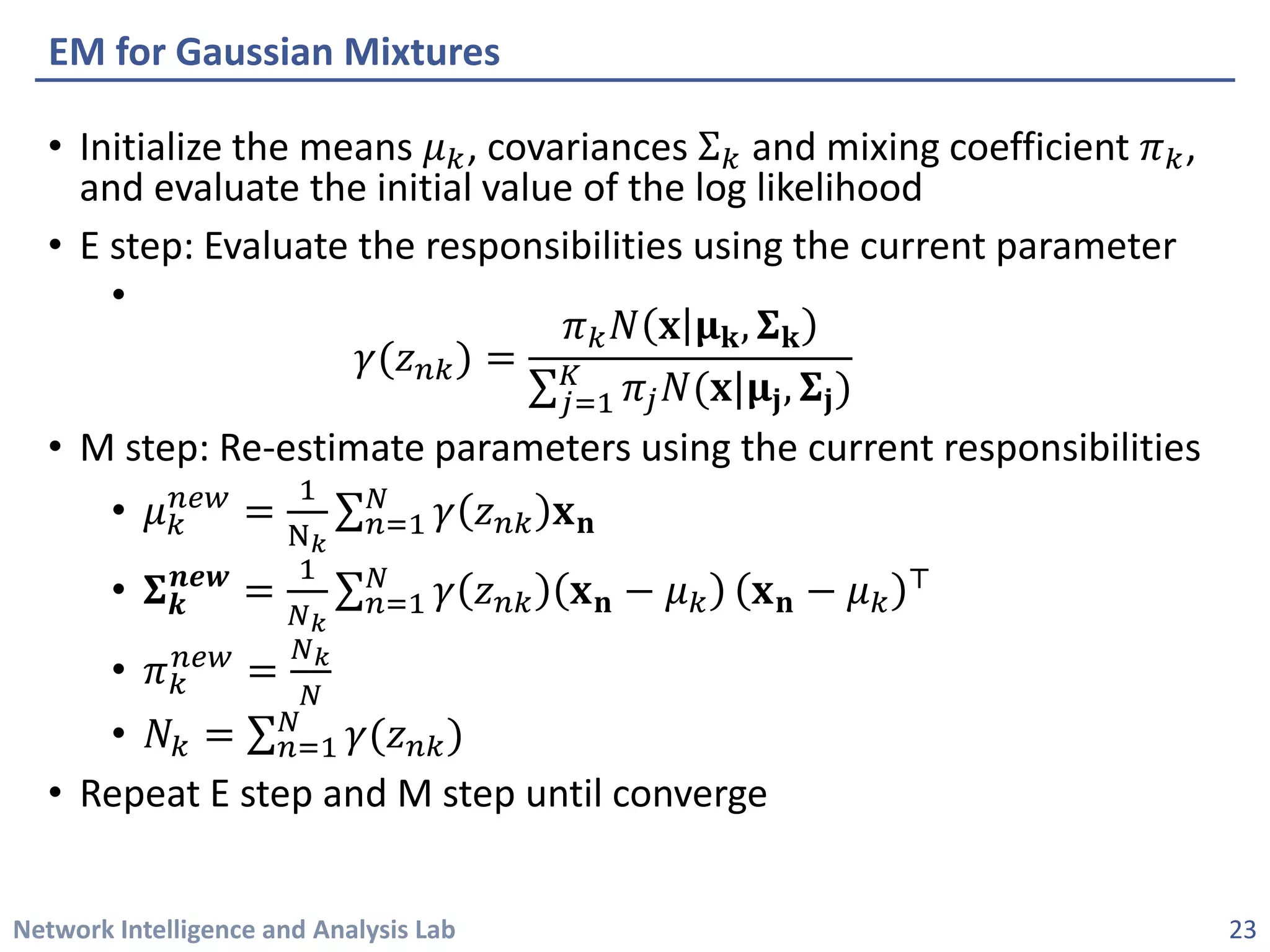 Network Intelligence and Analysis Lab 
• 
Initialize the means 휇휇푘푘, covariancesΣ푘푘and mixing coefficient 휋휋푘푘, and evaluate the initial value of the log likelihood 
• 
E step: Evaluate the responsibilities using the current parameter 
• 
훾훾(푧푧푛푛푛)= 휋휋푘푘푁푁퐱퐱훍훍퐤퐤,횺횺퐤퐤 Σ푗푗=1 퐾퐾휋휋푗푗푁푁(퐱퐱|훍훍퐣퐣,횺횺퐣퐣) 
• 
M step: Re-estimate parameters using the current responsibilities 
• 
휇휇푘푘 푛푛푛푛푛푛=1N푘Σ푛푛=1 푁푁훾훾푧푧푛푛푛퐱퐱퐧퐧 
• 
횺횺풌풌 풏풏풏풏풏풏=1 푁푁푘Σ푛푛=1 푁푁훾훾푧푧푛푛푛퐱퐱퐧퐧−휇휇푘푘퐱퐱퐧퐧−휇휇푘푘 ⊤ 
• 
휋휋푘푘 푛푛푛푛푛푛=푁푁푘푁푁 
• 
푁푁푘푘=Σ푛푛=1 푁푁훾훾(푧푧푛푛푛) 
• 
Repeat E step and M step until converge 
EM for Gaussian Mixtures 
23 
 