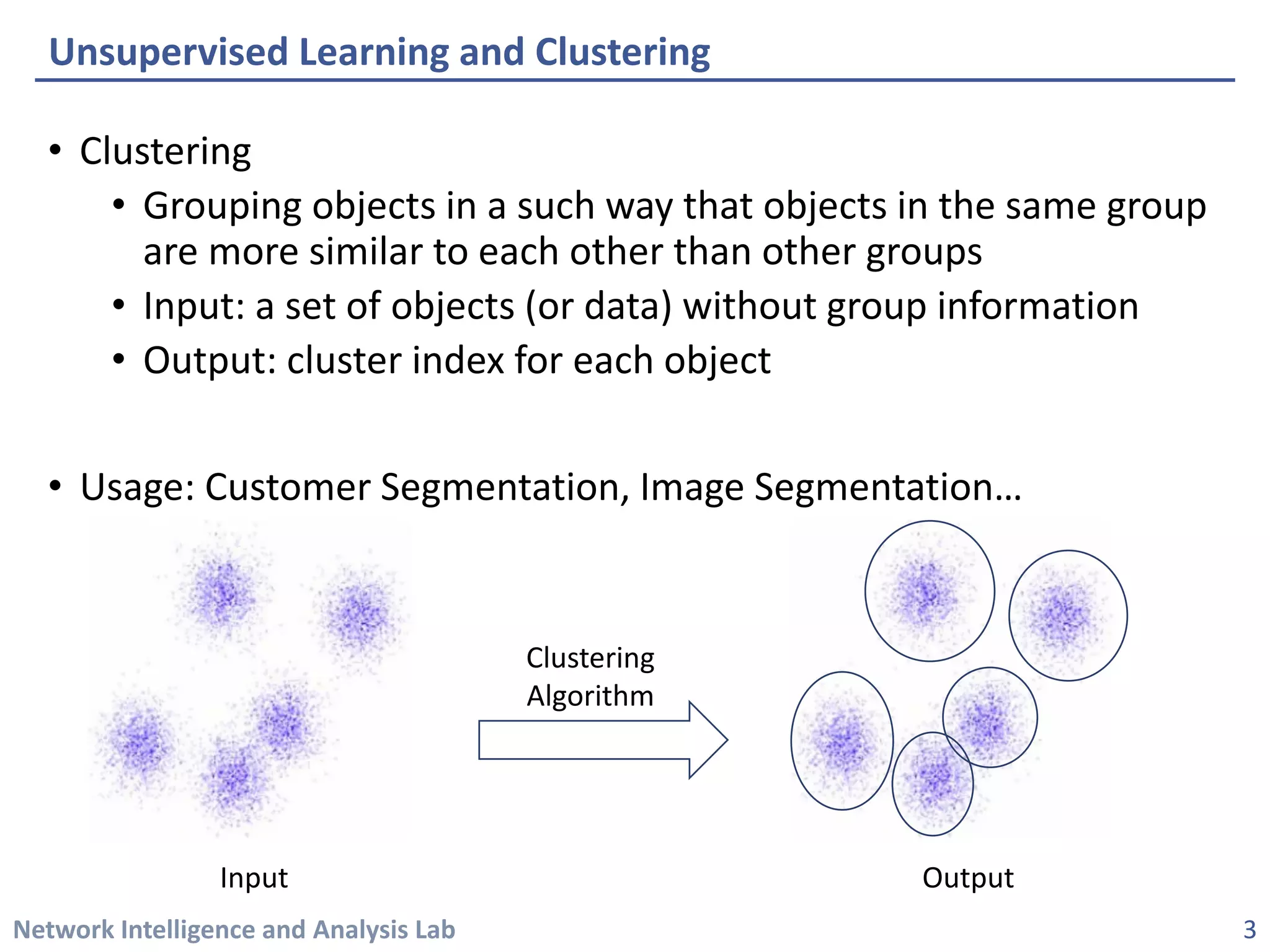 Network Intelligence and Analysis Lab 
• 
Clustering 
• 
Grouping objects in a such way that objects in the same group are more similar to each other than other groups 
• 
Input: a set of objects (or data) without group information 
• 
Output: cluster index for each object 
• 
Usage: Customer Segmentation, Image Segmentation… 
Unsupervised Learning and Clustering 
Input 
Output 
Clustering 
Algorithm 
3 
 