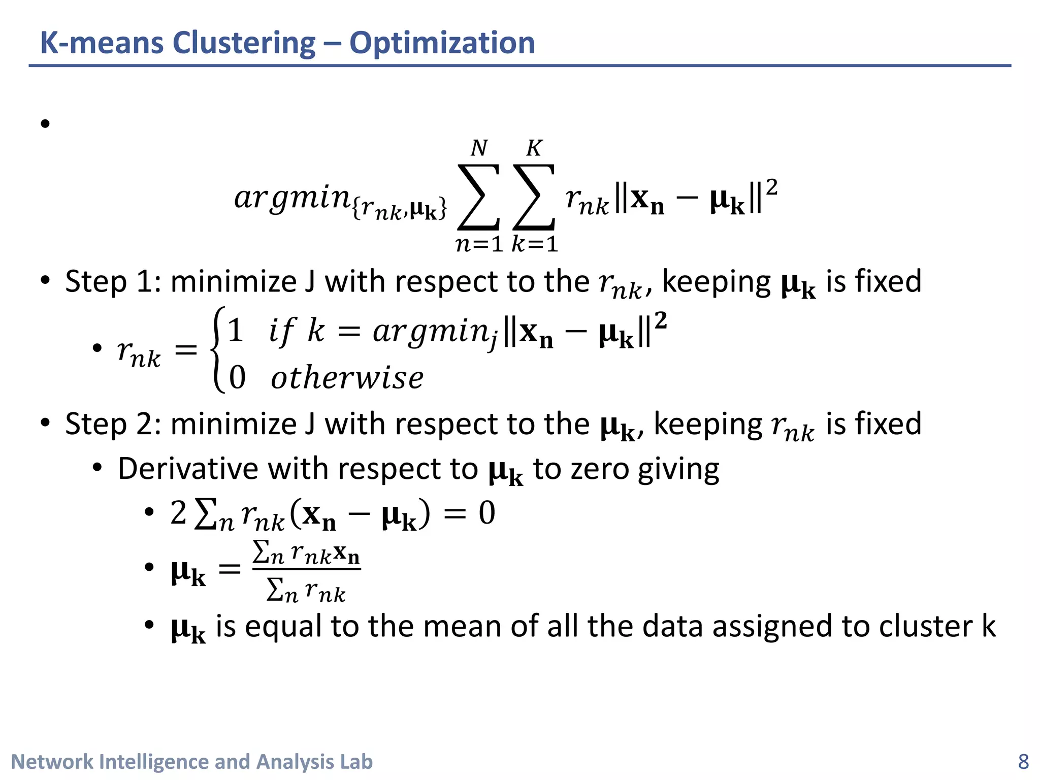 Network Intelligence and Analysis Lab 
• 
푎푎푎푎푎푎푎푎푎푛푛{푟푟푛푛푛푛,훍훍퐤퐤}෍ 푛푛=1 푁푁 ෍ 푘푘=1 퐾퐾 푟푟푛푛푛퐱퐱퐧퐧−훍훍퐤퐤 2 
• 
Step 1: minimize J with respect to the 푟푟푛푛푛, keeping 훍훍퐤퐤is fixed 
• 
푟푟푛푛푛=ቊ1푖푘푘=푎푎푎푎푎푎푎푎푎푛푛푗푗퐱퐱퐧퐧−훍훍퐤퐤 ퟐퟐ 0표표표표표표표표표표표표표표표 
• 
Step 2: minimize J with respect to the 훍훍퐤퐤, keeping 푟푟푛푛푛is fixed 
• 
Derivative with respect to 훍훍퐤퐤to zero giving 
• 
2Σ푛푛푟푟푛푛푛퐱퐱퐧퐧−훍훍퐤퐤=0 
• 
훍훍퐤퐤=Σ푛푛푟푟푛푛푛푛퐱퐱퐧퐧 Σ푛푛푟푟푛푛푛푛 
• 
훍훍퐤퐤is equal to the mean of all the data assigned to cluster k 
K-means Clustering –Optimization 
8 
 