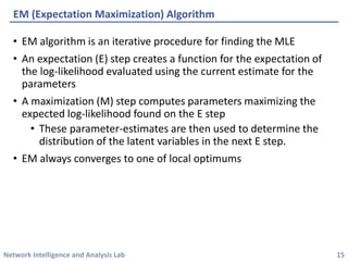 Network Intelligence and Analysis Lab 
• 
EM algorithm is an iterative procedure for finding the MLE 
• 
An expectation (E) step creates a function for the expectation of the log-likelihood evaluated using the current estimate for the parameters 
• 
A maximization (M) step computes parameters maximizing the expected log-likelihood found on the E step 
• 
These parameter-estimates are then used to determine the distribution of the latent variables in the next E step. 
• 
EM always converges to one of local optimums 
EM (Expectation Maximization) Algorithm 
15 
 