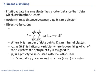 Network Intelligence and Analysis Lab 
• 
Intuition: data in same cluster has shorter distance than data which are in other clusters 
• 
Goal: minimize distance between data in same cluster 
• 
Objective function: 
• 
퐽퐽=෍ 푛푛=1 푁푁 ෍ 푘푘=1 퐾퐾 푟푟푛푛푛퐱퐱퐧퐧−훍훍퐤퐤 2 
• 
Where N is number of data points, K is number of clusters 
• 
푟푟푛푛푛∈{0,1}is indicator variables where k describing which of the K clusters the data point 퐱퐱퐧퐧is assigned to 
• 
훍훍퐤퐤is a prototype associated with the k-thcluster 
• 
Eventually 훍훍퐤퐤is same as the center (mean) of cluster 
K-means Clustering 
5 
 
