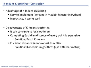 Network Intelligence and Analysis Lab 
• 
Advantage of K-means clustering 
• 
Easy to implement (kmeansin Matlab, kclusterin Python) 
• 
In practice, it works well 
• 
Disadvantage of K-means clustering 
• 
It can converge to local optimum 
• 
Computing Euclidian distance of every point is expensive 
• 
Solution: Batch K-means 
• 
Euclidian distance is non-robust to outlier 
• 
Solution: K-medoidsalgorithms (use different metric) 
K-means Clustering –Conclusion 
9 
 