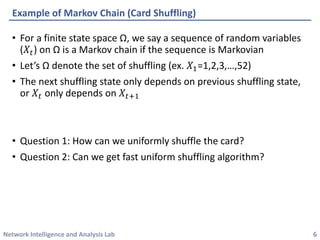 Network Intelligence and Analysis Lab 
•For a finite state space Ω, we say a sequence of random variables (푋푡) on Ωis a Markov chain if the sequence is Markovian 
•Let’s Ωdenote the set of shuffling (ex. 푋1=1,2,3,…,52) 
•The next shuffling state only depends on previous shuffling state, or 푋푡only depends on 푋푡+1 
•Question 1: How can we uniformly shuffle the card? 
•Question 2: Can we get fast uniform shuffling algorithm? 
Example of Markov Chain (Card Shuffling) 
6 
 