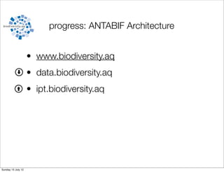 progress: ANTABIF Architecture


                    • www.biodiversity.aq
                    • data.biodiversity.aq
                    • ipt.biodiversity.aq




Sunday 15 July 12
 
