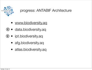 progress: ANTABIF Architecture


                    • www.biodiversity.aq
                    • data.biodiversity.aq
                    • ipt.biodiversity.aq
                    • afg.biodiversity.aq
                    • atlas.biodiversity.aq




Sunday 15 July 12
 