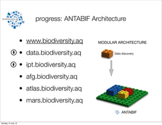 progress: ANTABIF Architecture
                     Nodes)Investment)in)new)func@onality)
                                                           Promote)the)communit
                    • •  www.biodiversity.aq             MODULAR development)of)N
                         Nodes)extend)the)plaGorm)with)new)modules)
                                                                 ARCHITECTURE

                    • data.biodiversity.aq                    •  GBIF)promotes)training)and)us
                                                                        Data discovery

                                                A)module)we)all)need)
                    • ipt.biodiversity.aq
                             A)module)I)need)



                    • afg.biodiversity.aq
                    • atlas.biodiversity.aq
                    • mars.biodiversity.aq
                                                                          ANTABIF

Sunday 15 July 12
 