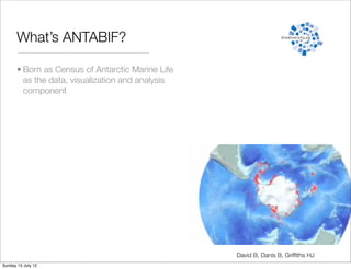 What’s ANTABIF?

       • Born as Census of Antarctic Marine Life
         as the data, visualization and analysis
         component




                                                   David B, Danis B, Grifﬁths HJ
Sunday 15 July 12
 