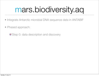 mars.biodiversity.aq
       • Integrate Antarctic microbial DNA sequence data in ANTABIF

       • Phased approach:

                    Step 0: data description and discovery




Sunday 15 July 12
 