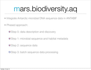 mars.biodiversity.aq
       • Integrate Antarctic microbial DNA sequence data in ANTABIF

       • Phased approach:

                    Step 0: data description and discovery

                    Step 1: microbial sequence and habitat metadata

                    Step 2: sequence data

                    Step 3: batch sequence data processing




Sunday 15 July 12
 