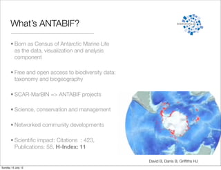 What’s ANTABIF?

       • Born as Census of Antarctic Marine Life
         as the data, visualization and analysis
         component

       • Free and open access to biodiversity data:
         taxonomy and biogeography

       • SCAR-MarBIN => ANTABIF projects

       • Science, conservation and management

       • Networked community developments

       • Scientiﬁc impact: Citations : 423,
         Publications: 58, H-Index: 11

                                                      David B, Danis B, Grifﬁths HJ
Sunday 15 July 12
 