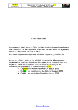 Mai 2014
Page 2 of 93
REGLEMENT OFFICIEL DU BASKETBALL 2014
Table des matières / Table des figures
Retour vers Sommaire
AVERTISSEMENT
Cette version du règlement officiel de Basketball en langue française est
une traduction par la Fédération Française de Basketball du règlement
officiel du Basketball 2014 de la FIBA.
En cas de litige seul le règlement officiel en langue anglaise fera foi.
A  des  fins  pédagogiques  et  dans  le  but    de  permettre  à  l’amateur  de
basketball de  suivre  les  évolutions  des  règles  d’une  version à  l’autre  du  
règlement, cette version présente la particularité de surligner les
modifications apportées à la version française 2012 :
En jaune : les reformulations FIBA depuis 2012
En vert : les modifications du règlement depuis 2012
En gris : les corrections françaises depuis 2012
 