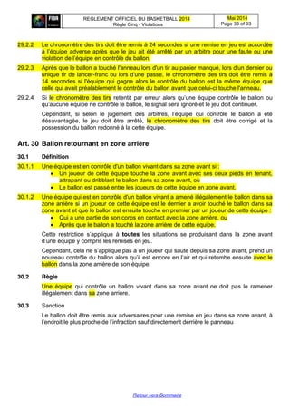REGLEMENT OFFICIEL DU BASKETBALL 2014
Règle Cinq - Violations
Mai 2014
Page 33 of 93
Retour vers Sommaire
29.2.2 Le chronomètre des tirs doit être remis à 24 secondes si une remise en jeu est accordée
à  l’équipe  adverse  après  que  le  jeu  ait  été  arrêté  par  un  arbitre pour une faute ou une
violation  de  l’équipe  en  contrôle  du  ballon.
29.2.3 Après que le ballon a touché l'anneau lors d'un tir au panier manqué, lors d'un dernier ou
unique tir de lancer-franc ou lors d'une passe, le chronomètre des tirs doit être remis à
14 secondes si l'équipe qui gagne alors le contrôle du ballon est la même équipe que
celle qui avait préalablement le contrôle du ballon avant que celui-ci touche l'anneau.
29.2.4 Si le chronomètre des tirs retentit  par  erreur  alors  qu’une  équipe  contrôle  le  ballon ou
qu’aucune équipe ne contrôle le ballon, le signal sera ignoré et le jeu doit continuer.
Cependant,   si   selon   le   jugement   des   arbitres,   l’équipe   qui   contrôle   le   ballon   a   été
désavantagée, le jeu doit être arrêté, le chronomètre des tirs doit être corrigé et la
possession du ballon redonné à la cette équipe.
Art. 30 Ballon  retournant  en  zone  arrière
30.1 Définition
30.1.1 Une équipe est en contrôle d'un ballon vivant dans sa zone avant si :
Un joueur de cette équipe touche la zone avant avec ses deux pieds en tenant,
attrapant ou dribblant le ballon dans sa zone avant, ou
Le ballon est passé entre les joueurs de cette équipe en zone avant.
30.1.2 Une équipe qui est en contrôle d'un ballon vivant a amené illégalement le ballon dans sa
zone arrière si un joueur de cette équipe est le dernier a avoir touché le ballon dans sa
zone avant et que le ballon est ensuite touché en premier par un joueur de cette équipe :
Qui a une partie de son corps en contact avec la zone arrière, ou
Après que le ballon a touché la zone arrière de cette équipe.
Cette   restriction   s’applique   à   toutes les situations se produisant dans la zone avant
d’une  équipe  y  compris  les  remises  en  jeu.
Cependant,  cela  ne  s’applique  pas  à  un  joueur  qui  saute  depuis  sa zone avant, prend un
nouveau  contrôle  du  ballon  alors  qu’il  est  encore  en  l’air  et  qui  retombe  ensuite avec le
ballon dans la zone arrière de son équipe.
30.2 Règle
Une équipe qui contrôle un ballon vivant dans sa zone avant ne doit pas le ramener
illégalement dans sa zone arrière.
30.3 Sanction
Le ballon doit être remis aux adversaires pour une remise en jeu dans sa zone avant, à
l’endroit  le  plus  proche  de  l’infraction  sauf  directement derrière le panneau
 