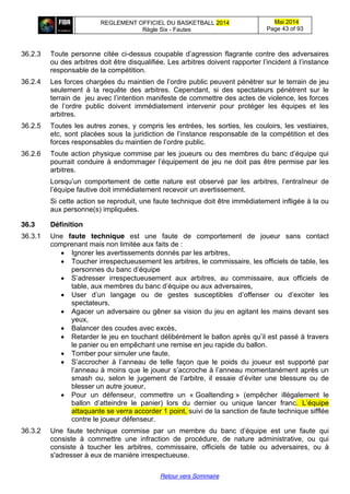 REGLEMENT OFFICIEL DU BASKETBALL 2014
Règle Six - Fautes
Mai 2014
Page 43 of 93
Retour vers Sommaire
36.2.3 Toute personne citée ci-dessus  coupable  d’agression  flagrante  contre  des  adversaires  
ou  des  arbitres  doit  être  disqualifiée.  Les  arbitres  doivent  rapporter  l’incident  à  l’instance  
responsable de la compétition.
36.2.4 Les  forces  chargées  du  maintien  de  l’ordre  public  peuvent  pénétrer sur le terrain de jeu
seulement à la requête des arbitres. Cependant, si des spectateurs pénètrent sur le
terrain  de    jeu  avec  l’intention  manifeste  de  commettre  des  actes  de  violence,  les  forces  
de   l’ordre   public   doivent   immédiatement   intervenir   pour protéger les équipes et les
arbitres.
36.2.5 Toutes les autres zones, y compris les entrées, les sorties, les couloirs, les vestiaires,
etc,  sont  placées  sous  la  juridiction  de  l’instance  responsable  de  la  compétition  et  des  
forces responsables du maintien de l’ordre  public.
36.2.6 Toute  action  physique  commise  par  les  joueurs  ou  des  membres  du  banc  d’équipe  qui  
pourrait  conduire  à  endommager  l’équipement  de  jeu  ne  doit  pas  être  permise  par  les  
arbitres.
Lorsqu’un   comportement   de   cette   nature   est   observé   par   les   arbitres,   l’entraîneur   de  
l’équipe  fautive  doit  immédiatement  recevoir  un  avertissement.
Si cette action se reproduit, une faute technique doit être immédiatement infligée à la ou
aux personne(s) impliquées.
36.3 Définition
36.3.1 Une faute technique est une faute de comportement de joueur sans contact
comprenant mais non limitée aux faits de :
Ignorer les avertissements donnés par les arbitres,
Toucher irrespectueusement les arbitres, le commissaire, les officiels de table, les
personnes  du  banc  d’équipe
S’adresser   irrespectueusement   aux   arbitres,   au   commissaire,   aux   officiels   de  
table,  aux  membres  du  banc  d’équipe  ou  aux  adversaires,
User   d’un   langage   ou   de   gestes   susceptibles   d’offenser   ou   d’exciter   les  
spectateurs,
Agacer un adversaire ou gêner sa vision du jeu en agitant les mains devant ses
yeux,
Balancer des coudes avec excès,
Retarder  le  jeu  en  touchant  délibérément  le  ballon  après  qu’il  est  passé  à  travers  
le panier ou en empêchant une remise en jeu rapide du ballon.
Tomber pour simuler une faute,
S’accrocher   à   l’anneau   de   telle   façon   que   le   poids   du   joueur   est   supporté   par  
l’anneau  à  moins  que  le  joueur  s’accroche  à  l’anneau  momentanément  après  un  
smash   ou,   selon   le   jugement   de   l’arbitre,   il   essaie   d’éviter   une   blessure   ou   de  
blesser un autre joueur,
Pour un défenseur, commettre un « Goaltending » (empêcher illégalement le
ballon   d’atteindre   le   panier) lors du dernier ou unique lancer franc. L’équipe  
attaquante se verra accorder 1 point, suivi de la sanction de faute technique sifflée
contre le joueur défenseur.
36.3.2 Une faute technique commise par un membre   du   banc   d’équipe est une faute qui
consiste à commettre une infraction de procédure, de nature administrative, ou qui
consiste à toucher les arbitres, commissaire, officiels de table ou adversaires, ou à
s'adresser à eux de manière irrespectueuse.
 