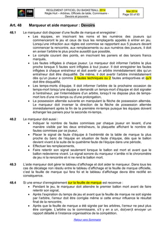 REGLEMENT OFFICIEL DU BASKETBALL 2014
Règle Huit – Arbitres, Officiels de table, Commisaire -
Devoirs et pouvoirs
Mai 2014
Page 55 of 93
Retour vers Sommaire
Art. 48 Marqueur  et  aide  marqueur  :  Devoirs
48.1 Le marqueur doit disposer  d’une  feuille  de  marque  et  enregistrer :
Les équipes, en inscrivant les noms et les numéros des joueurs qui
commenceront le jeu et ceux de tous les remplaçants appelés à entrer en jeu.
Lorsqu’une  infraction  aux règles est commise se rapportant aux 5 joueurs devant
commencer la rencontre, aux remplacements ou aux numéros des joueurs, il doit
en  aviser  l’arbitre  le  plus  proche  aussitôt  que  possible,
Le compte courant des points, en inscrivant les paniers et des lancers francs
marqués,
Les fautes infligées  à  chaque  joueur.  Le  marqueur  doit  informer  l’arbitre  le  plus  
proche lorsque 5 fautes sont infligées à tout joueur. Il doit enregistrer les fautes
infligées à chaque entraîneur et doit avertir un arbitre immédiatement dès  qu’un  
entraîneur doit être disqualifié.   De   même,   il   doit   avertir   l’arbitre   immédiatement  
dès  qu’un  joueur  a  commis  2 fautes techniques ou 2 fautes antisportives et qu'il
doit être disqualifié,
Les temps-morts   d’équipe.   Il   doit   informer   l’arbitre   de   la   prochaine   occasion   de  
temps-mort  lorsqu’une  équipe  a  demandé  un  temps-mort  d’équipe  et  doit  signaler  
à  l’entraîneur,  par  l’intermédiaire  d’un  arbitre,  lorsqu’il  ne  dispose plus de temps-
mort  lors  d’une  mi-temps ou d’une prolongation,
La possession alternée suivante en manipulant la flèche de possession alternée.
Le marqueur doit inverser la direction de la flèche de possession alternée
immédiatement après la fin de la première mi-temps puisque les équipes doivent
échanger les paniers pour la seconde mi-temps.
48.2 Le marqueur doit aussi :
Indiquer   le   nombre   de   fautes   commises   par   chaque   joueur   en   levant,   d’une  
manière visible par les deux entraîneurs, la plaquette affichant le nombre de
fautes commises par ce joueur,
Placer   le   signal   de   faute   d’équipe   à   l’extrémité   de   la   table   de   marque   la   plus
proche   du   banc   de   l’équipe   en   situation   de   faute   d’équipe,   dès   que   le   ballon  
devient vivant  à  la  suite  de  la  quatrième  faute  de  l’équipe  dans  une  période,
Effectuer les remplacements,
Faire retentir son signal seulement lorsque le ballon est mort et avant que le
ballon redevienne  vivant.  Le  signal  sonore  du  marqueur  n’arrête  ni le chronomètre
de jeu ni la rencontre et ni ne rend le ballon mort.
48.3 L’aide  marqueur  doit gérer le tableau  d’affichage  et  doit  aider  le  marqueur.  Dans  tous  les  
cas de décalage non résolu entre  le  tableau  d’affichage  et  la  feuille  de  marque  officielle,  
c’est   la   feuille   de   marque   qui   fera   foi   et   le   tableau   d’affichage   devra   être   rectifié   en  
conséquence.
48.4 Si une erreur d’enregistrement  sur la feuille de marque est reconnue :
Pendant le jeu, le marqueur doit attendre le premier ballon mort avant de faire
retentir son signal,
Après  l’expiration  du  temps  de  jeu  et  avant  que  la feuille de marque ne soit signée
par l’arbitre,  l’erreur  doit  être  corrigée  même  si  cette  erreur  influence  le  résultat
final de la rencontre,
Après que la feuille de marque a été signée par les  arbitres,  l’erreur  ne  peut  plus  
être   corrigée.   L’arbitre   ou   le   commissaire,   s’il   y   en   a   un,   doi(ven)t envoyer un
rapport  détaillé  à  l’instance  organisatrice  de  la  compétition.
 