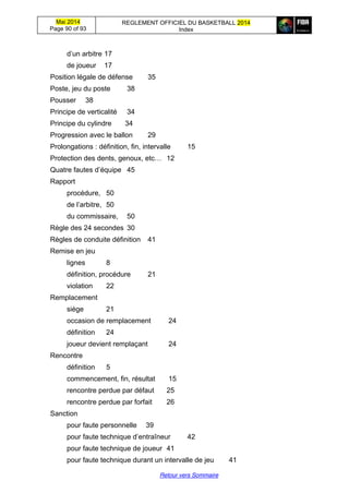 Mai 2014
Page 90 of 93
REGLEMENT OFFICIEL DU BASKETBALL 2014
Index
Retour vers Sommaire
d’un  arbitre 17
de joueur 17
Position légale de défense 35
Poste, jeu du poste 38
Pousser 38
Principe de verticalité 34
Principe du cylindre 34
Progression avec le ballon 29
Prolongations : définition, fin, intervalle 15
Protection  des  dents,  genoux,  etc… 12
Quatre  fautes  d’équipe 45
Rapport
procédure, 50
de  l’arbitre, 50
du commissaire, 50
Règle des 24 secondes 30
Règles de conduite définition 41
Remise en jeu
lignes 8
définition, procédure 21
violation 22
Remplacement
siège 21
occasion de remplacement 24
définition 24
joueur devient remplaçant 24
Rencontre
définition 5
commencement, fin, résultat 15
rencontre perdue par défaut 25
rencontre perdue par forfait 26
Sanction
pour faute personnelle 39
pour faute  technique  d’entraîneur 42
pour faute technique de joueur 41
pour faute technique durant un intervalle de jeu 41
 