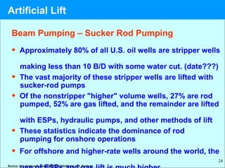 24
• Approximately 80% of all U.S. oil wells are stripper wells
making less than 10 B/D with some water cut. (date???)
• The vast majority of these stripper wells are lifted with
sucker-rod pumps
• Of the nonstripper "higher" volume wells, 27% are rod
pumped, 52% are gas lifted, and the remainder are lifted
with ESPs, hydraulic pumps, and other methods of lift
• These statistics indicate the dominance of rod
pumping for onshore operations
• For offshore and higher-rate wells around the world, the
Source: http://petrowiki.spe.org/PEH%3AArtificial_Lift_Systems
Beam Pumping – Sucker Rod Pumping
Artificial Lift
 