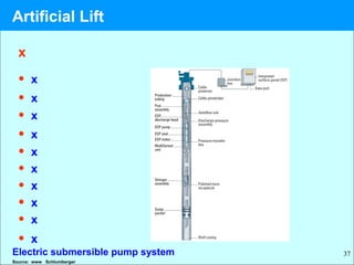 37
x
• x
• x
• x
• x
• x
• x
• x
• x
• x
• x
Source: www Schlumberger
Electric submersible pump system
Artificial Lift
 