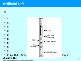 45
x
• x
• x
• x
• x
• x
• x
• x
• x
• x
• xFig. 10.6—Schematic of ESPCP system. (Courtesy of
Centrilift.)
Source: http://petrowiki.spe.org/PEH%3AArtificial_Lift_Systems
x
Artificial Lift
 