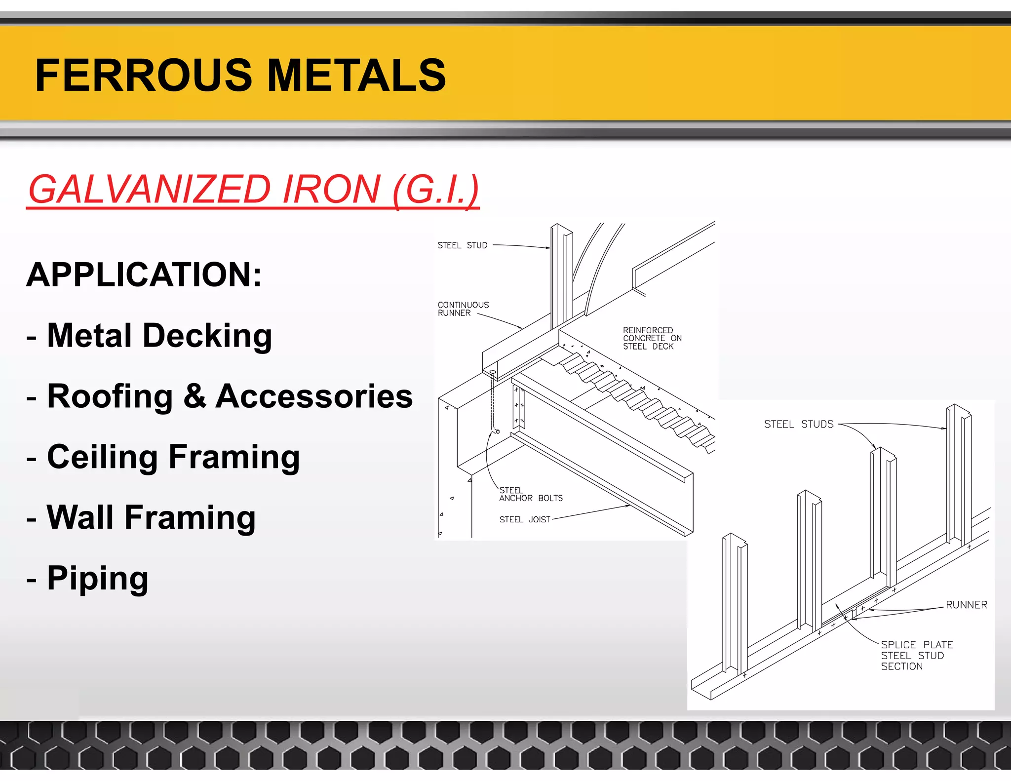 FERROUS METALS
GALVANIZED IRON (G.I.)
APPLICATION:
GALVANIZED IRON (G.I.)
- Metal Decking
Roofing & Accessories- Roofing & Accessories
- Ceiling Framing
- Wall Framing
- Piping- Piping
 