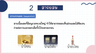 สารผสม
2
สารแขวนลอย (suspension)
สารเนื้อผสมที่มีอนุภาคขนาดใหญ่ ท้าให้สามารถมองเห็นส่วนผสมได้ชัดเจน
ง่ายต่อการแยกออกเมื่อทิ้งไว้จะตกตะกอน
น้้าโคลน น้้าแป้งดิบ น้้าอบไทย
 