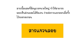 สารเนื้อผสมที่มีอนุภาคขนาดใหญ่ ท้าให้สามารถ
มองเห็นส่วนผสมได้ชัดเจน ง่ายต่อการแยกออกเมื่อทิ้ง
ไว้จะตกตะกอน
สารแขวนลอย
 